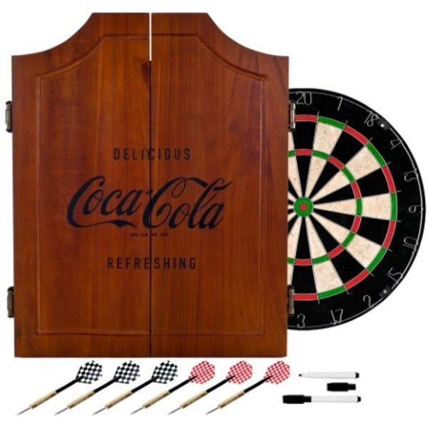 Trademark Gameroom Coca Cola Wood Dart Cabinet Set - Engraved Logo Coke-7000-V3-E